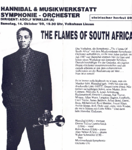 Auszug aus dem Programmfolder der österreichischen Erstaufführung der Symphonie THE FLAMES OF SOUTH AFRICA von und mit HANNIBAL MARVIN PETERSON